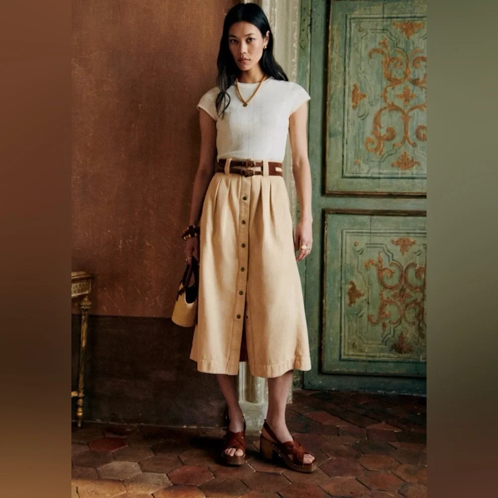 Sezane Clarina Skirt in Safari Beige Size 36 FR Cotton Button Up Midi Skirt - Picture 1 of 16